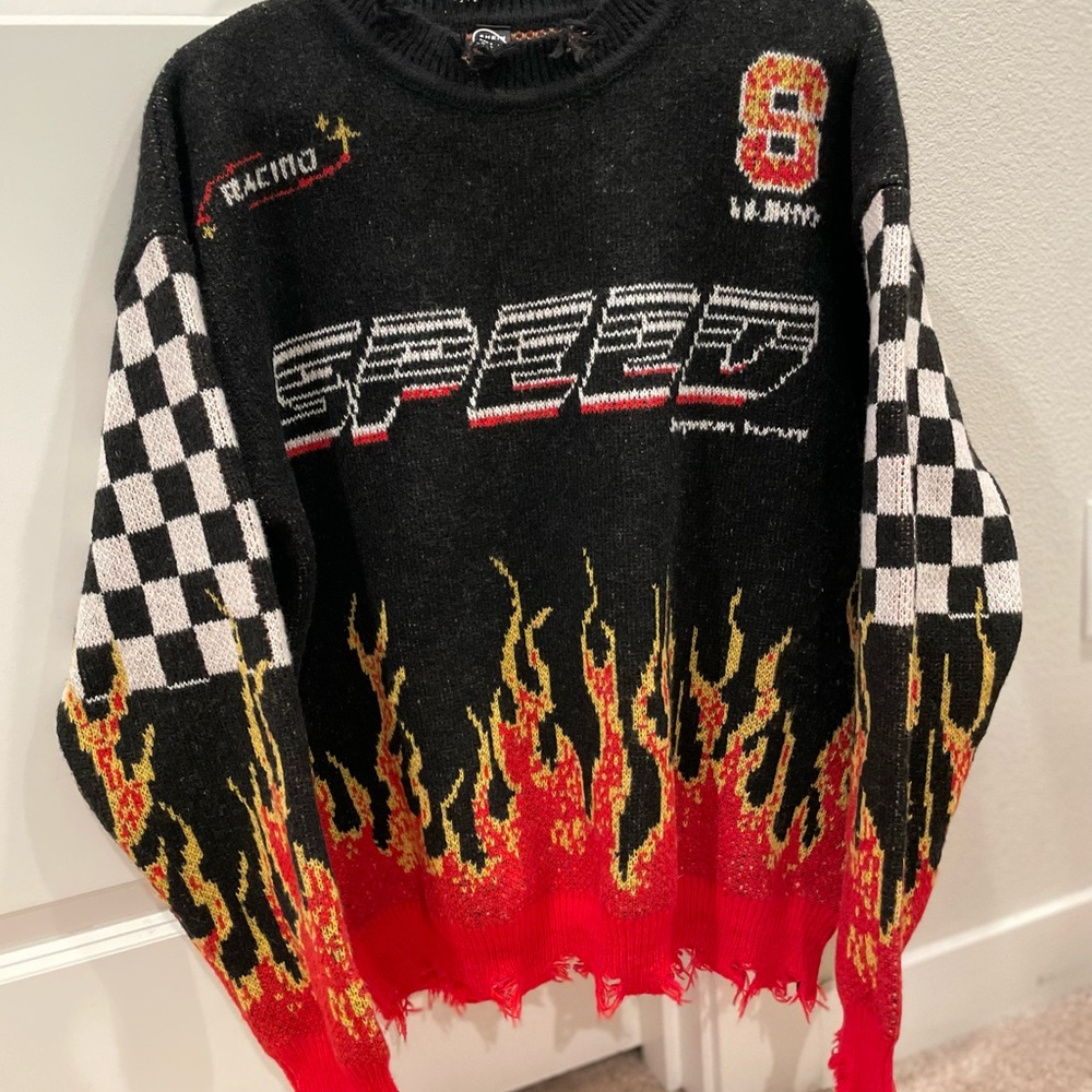 Black Red Flame & Checkered Crewneck Sweater